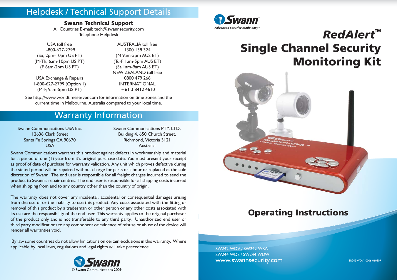 Redalert, Single channel security monitoring kit, Operating instructions | Swann REDALERT SW242-WRA User Manual | Page 20 / 20