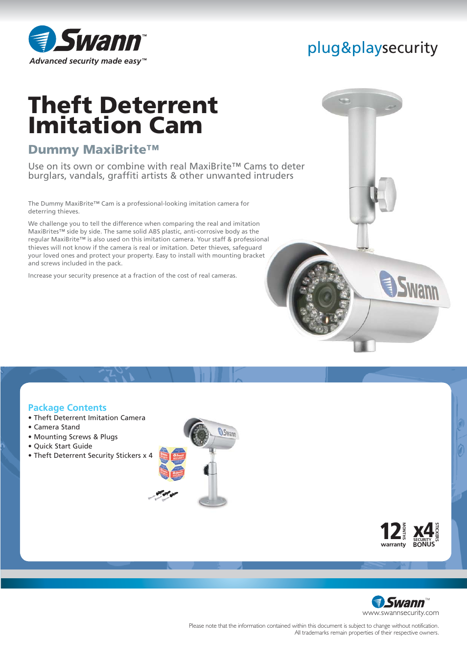 Theft deterrent imitation cam, Plug&play security, Dummy maxibrite | Swann Dummy MaxiBrite SW215-DML User Manual | Page 2 / 2