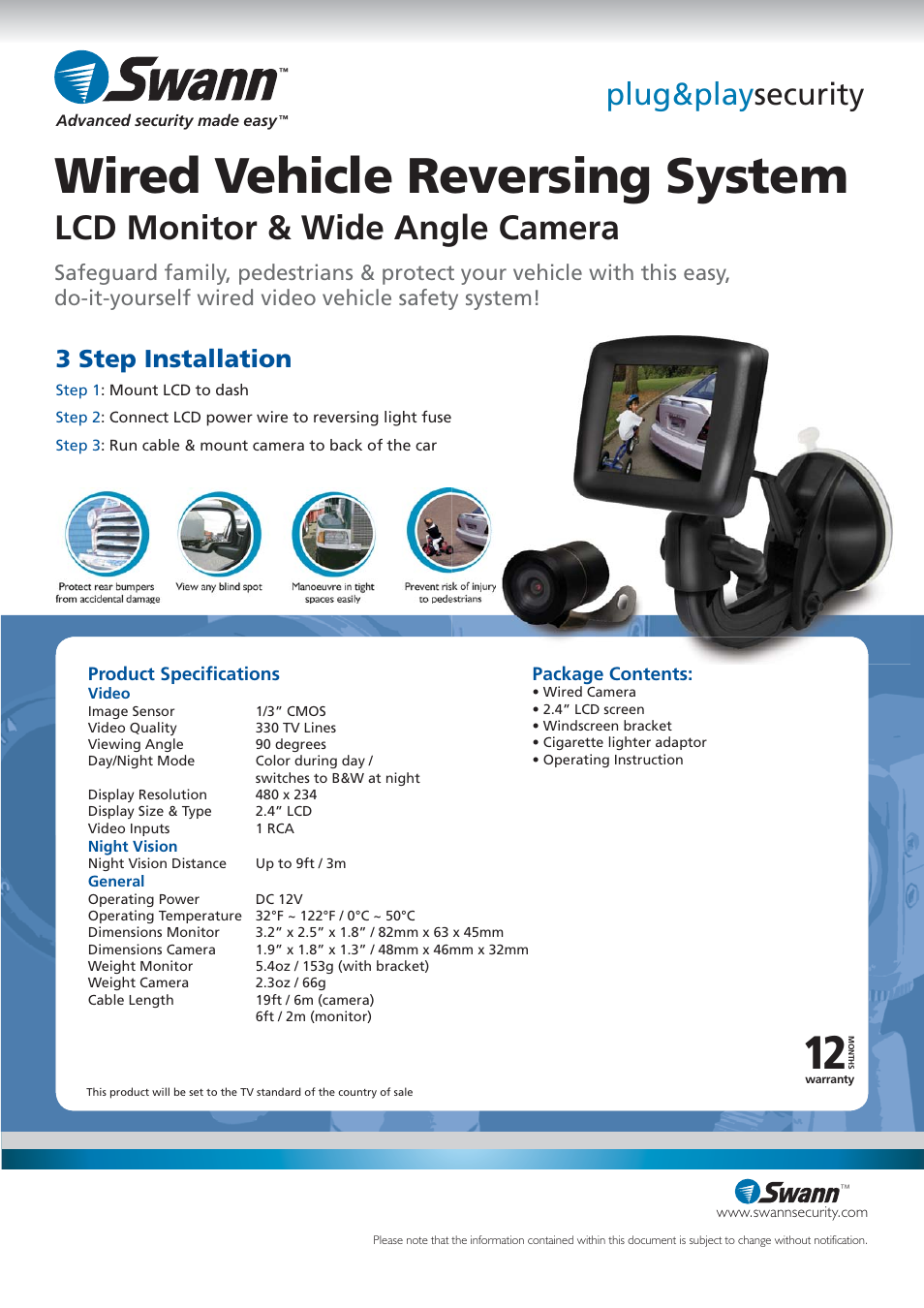 Wired vehicle reversing system, Lcd monitor & wide angle camera, Plug&play security | 3 step installation | Swann SW244-VR3 User Manual | Page 2 / 2