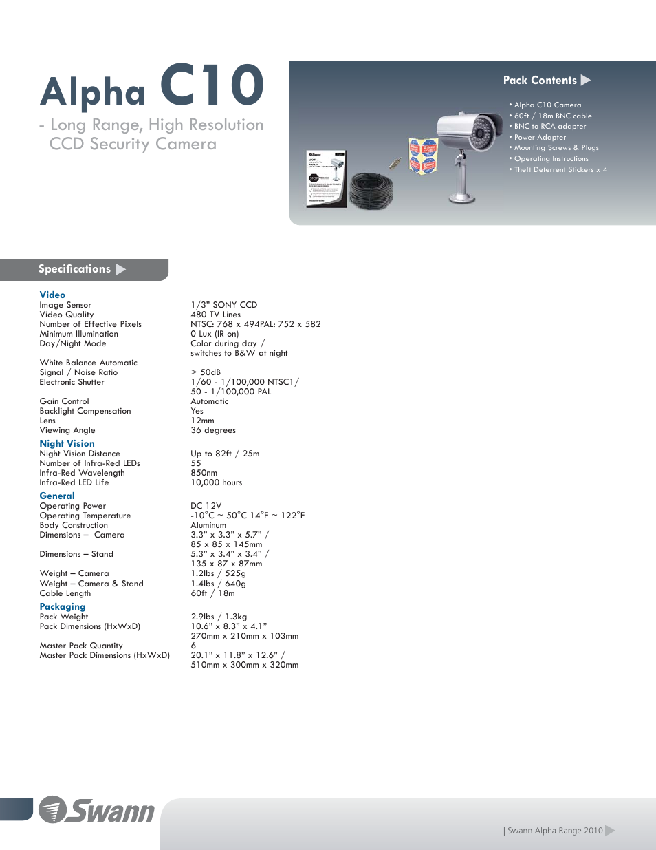 Alpha, Long range, high resolution ccd security camera, Speciﬁ cations | Swann ALPHA C10 User Manual | Page 2 / 2