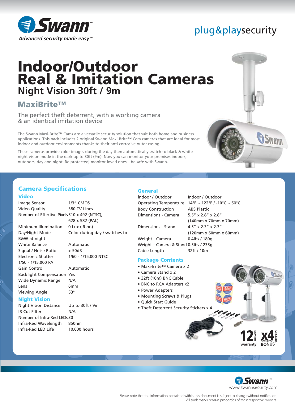 Indoor/outdoor real & imitation cameras, Plug&play security, Night vision 30ft / 9m | Maxibrite | Swann SW212-MXD User Manual | Page 2 / 2