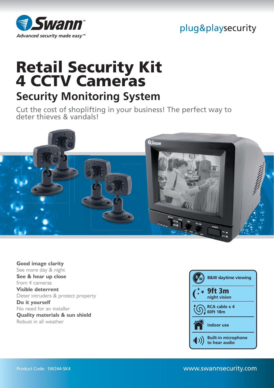 Swann Retail Security Kit 4 CCTV Cameras SW244-SK4 User Manual | 2 pages