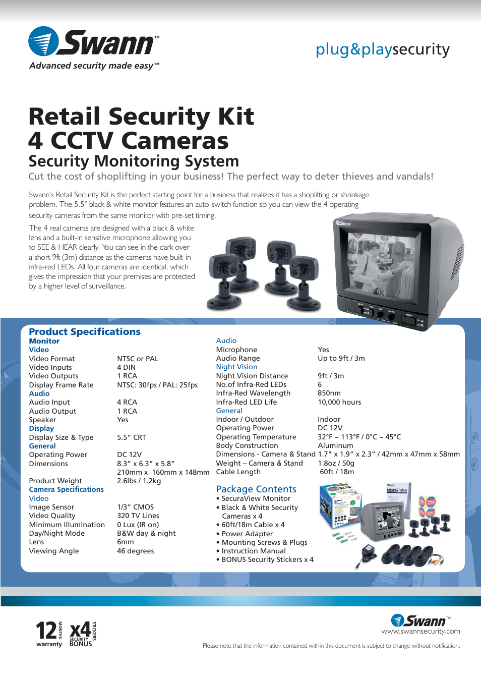Retail security kit 4 cctv cameras, Plug&play security, Security monitoring system | Package contents | Swann Retail Security Kit 4 CCTV Cameras SW244-SK4 User Manual | Page 2 / 2