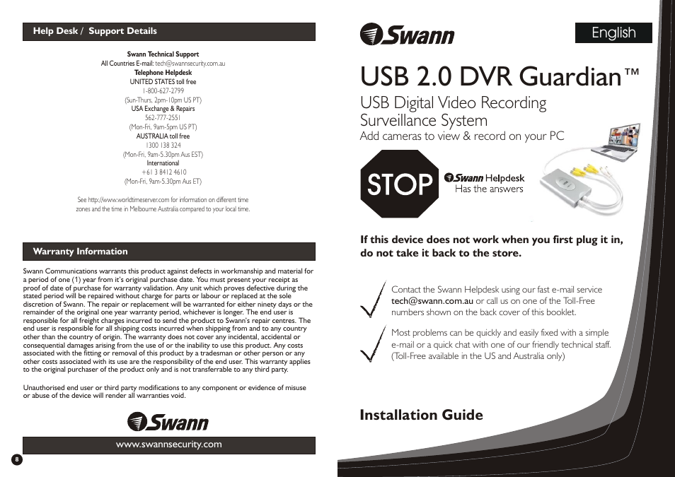 Usb 2.0 dvr guardian, Usb digital video recording surveillance system, Installation guide | English, Add cameras to view & record on your pc | Swann SW244-UDC User Manual | Page 11 / 11