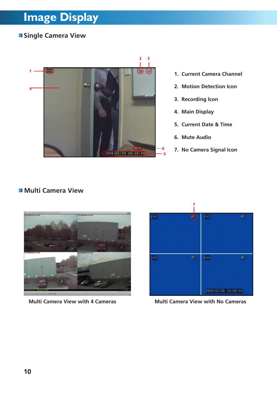 Image display, 10 single camera view multi camera view | Swann DVR4-950 User Manual | Page 10 / 72