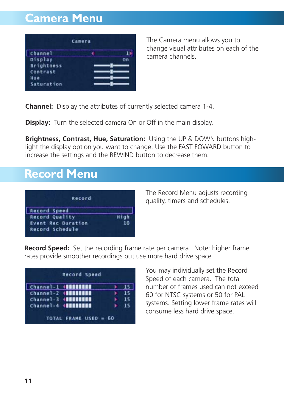 Camera menu, Record menu | Swann DVR4-950 User Manual | Page 11 / 72