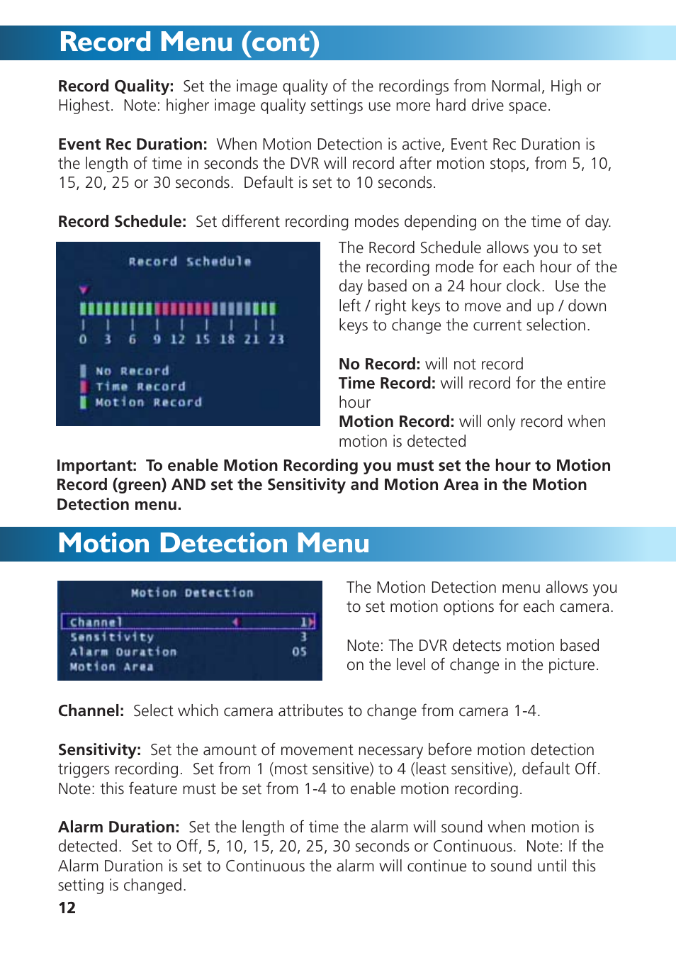 Record menu (cont) motion detection menu | Swann DVR4-950 User Manual | Page 12 / 72