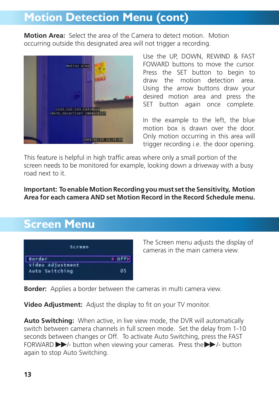 Screen menu motion detection menu (cont) | Swann DVR4-950 User Manual | Page 13 / 72