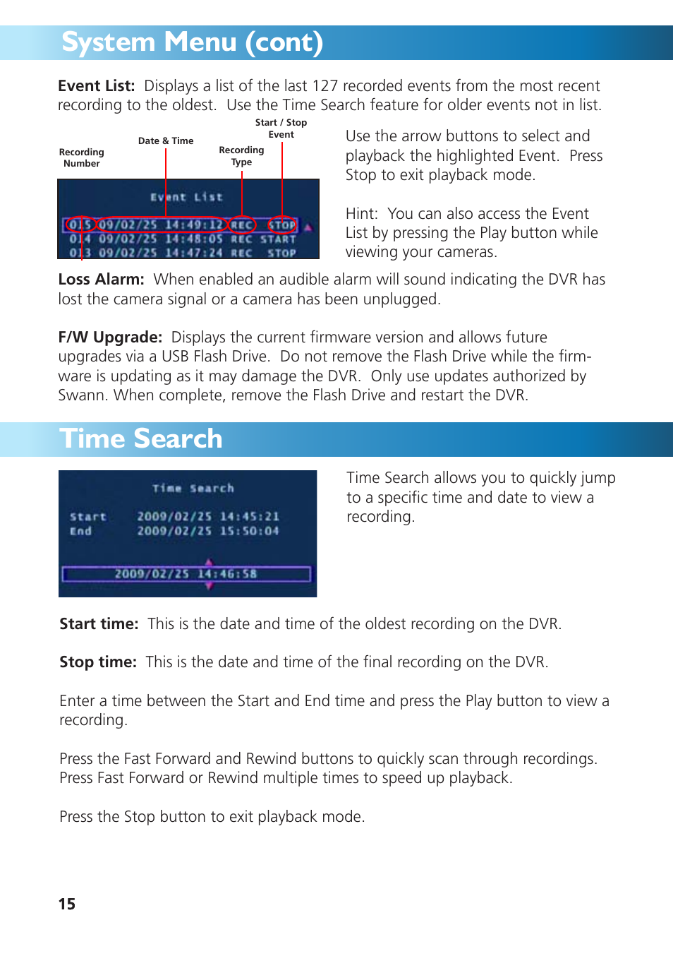 System menu (cont), Time search | Swann DVR4-950 User Manual | Page 15 / 72