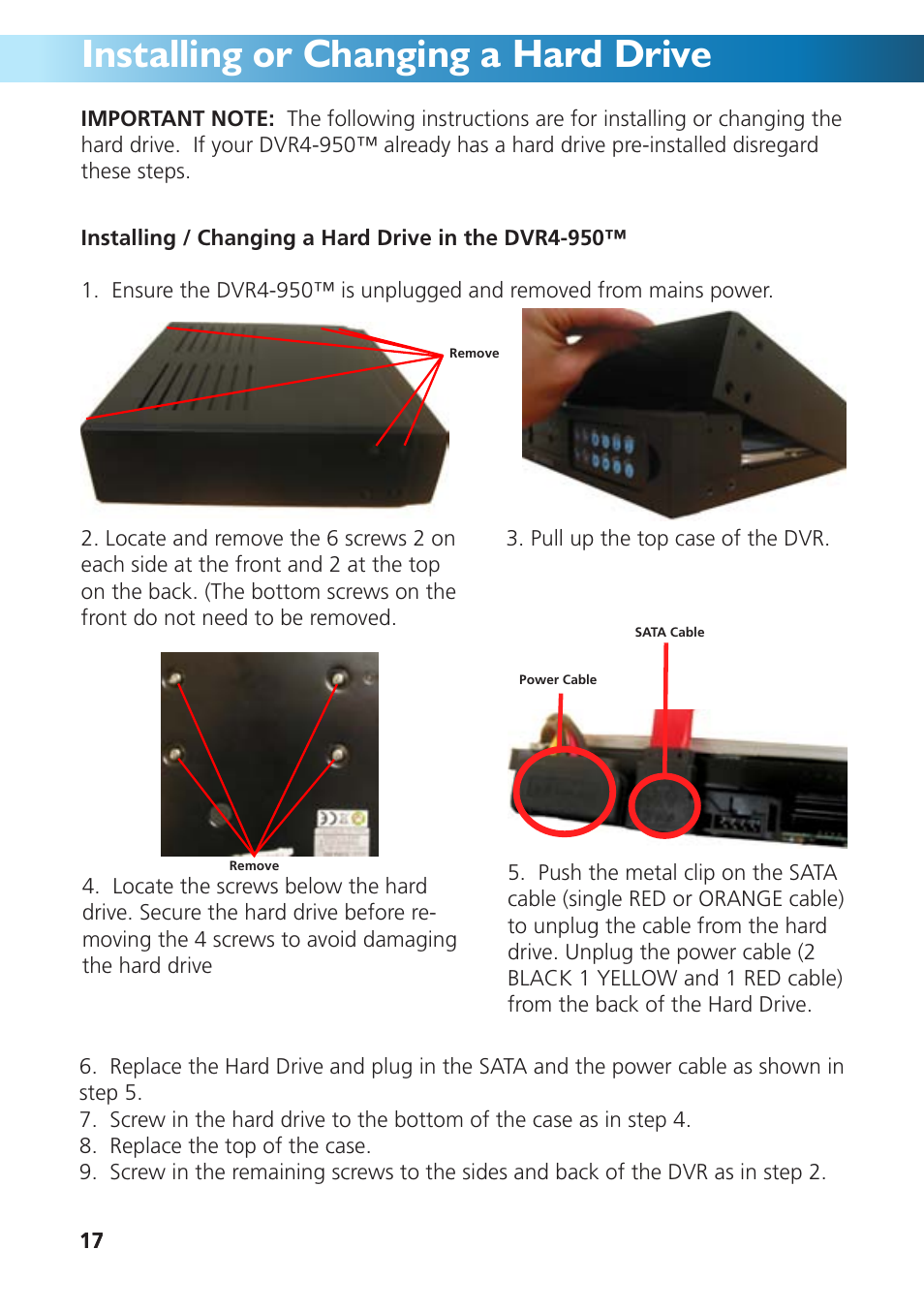 Installing or changing a hard drive | Swann DVR4-950 User Manual | Page 17 / 72