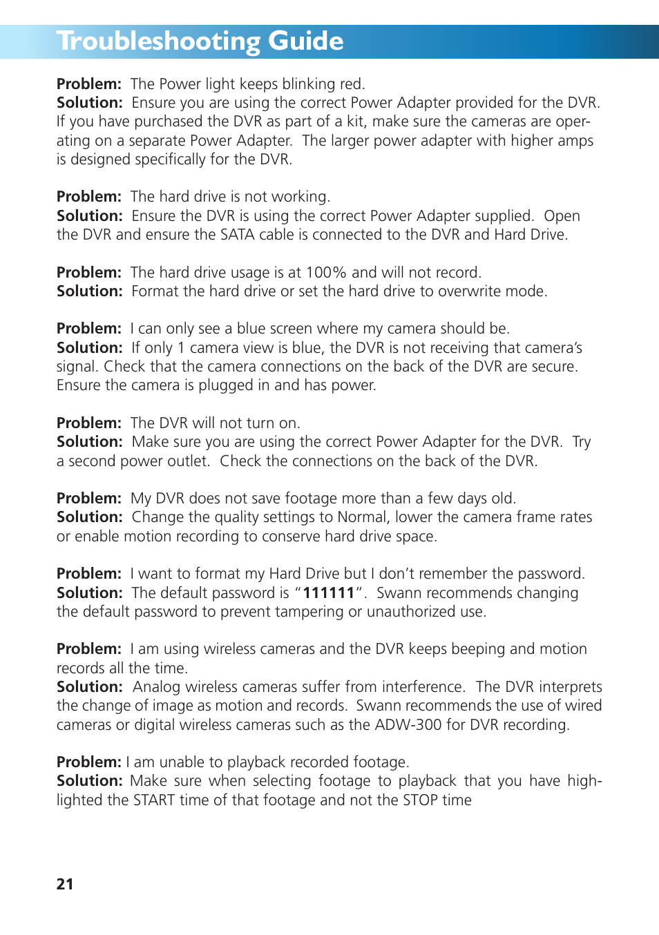 Troubleshooting guide | Swann DVR4-950 User Manual | Page 21 / 72