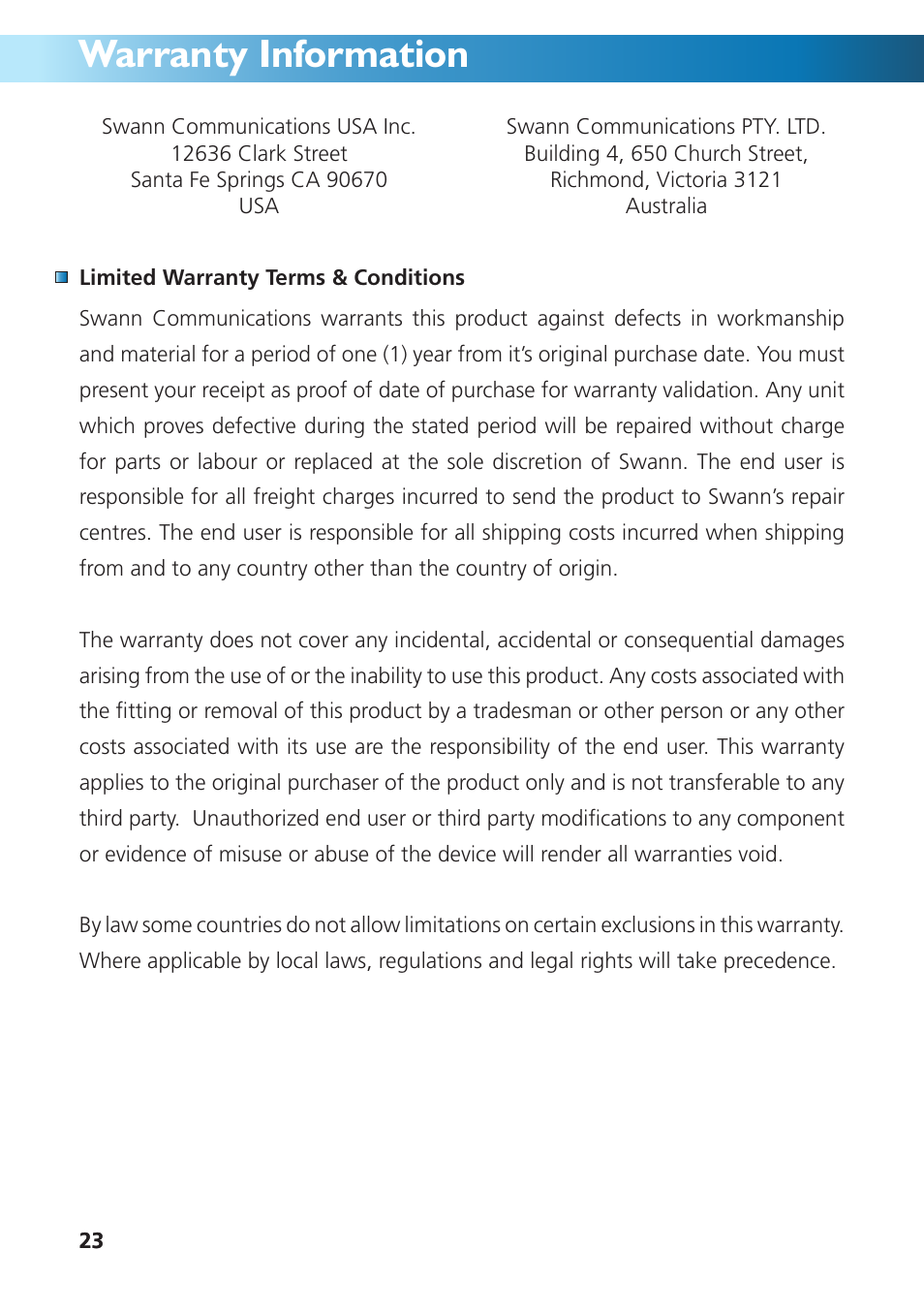 Warranty information | Swann DVR4-950 User Manual | Page 23 / 72