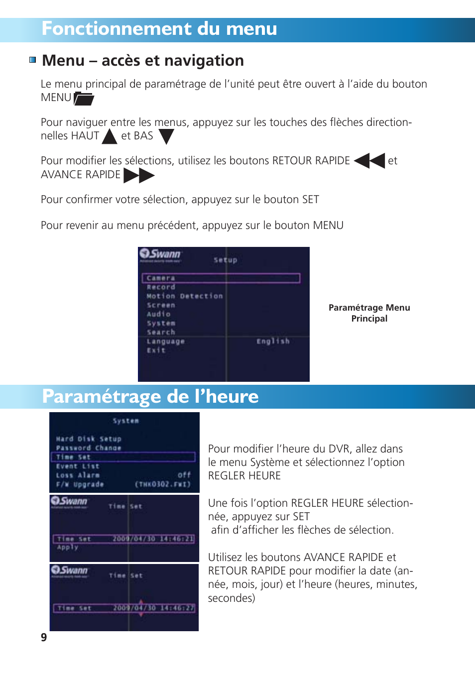 Fonctionnement du menu, Paramétrage de l’heure, Menu – accès et navigation | Swann DVR4-950 User Manual | Page 33 / 72