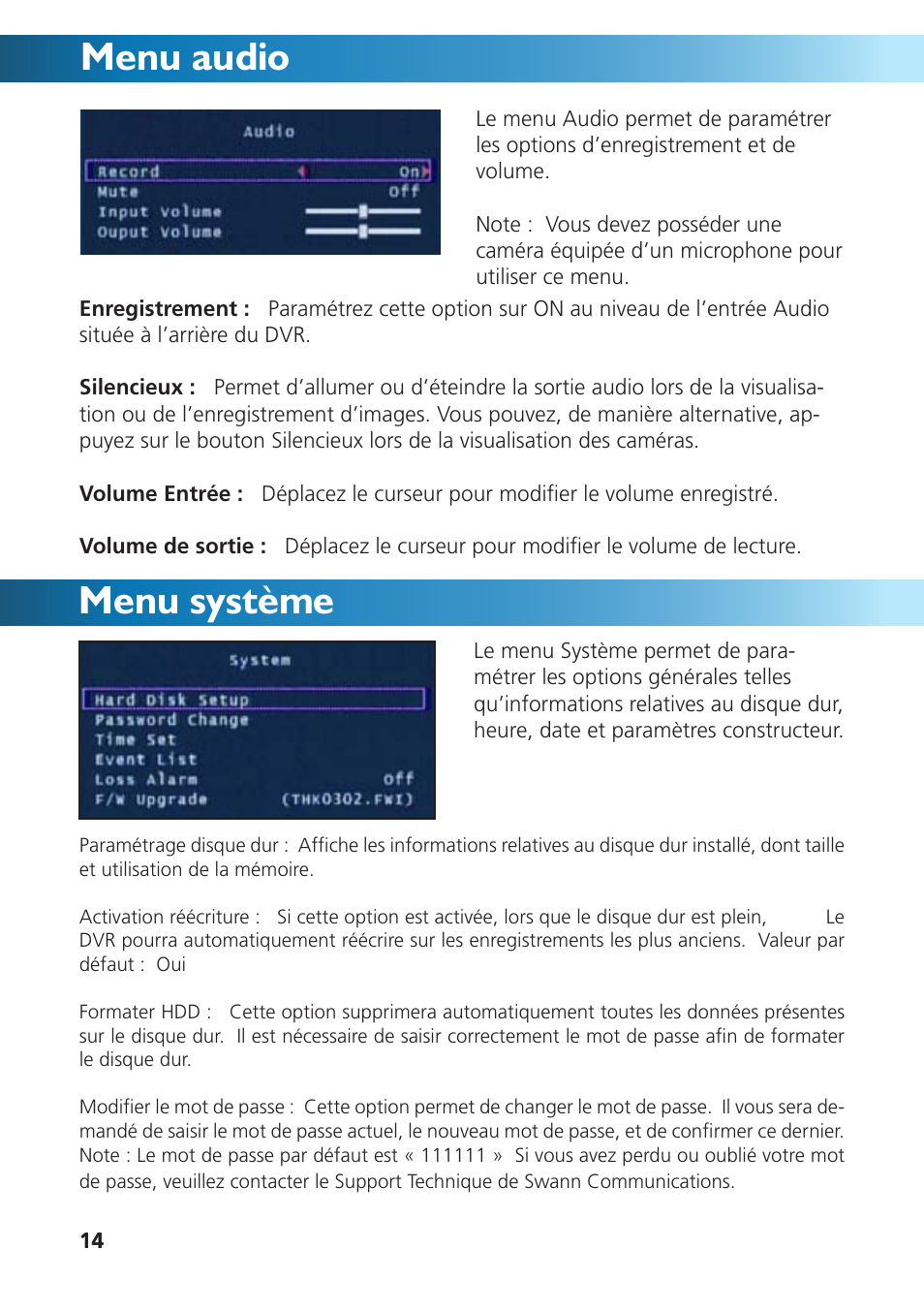 Menu audio menu système | Swann DVR4-950 User Manual | Page 38 / 72