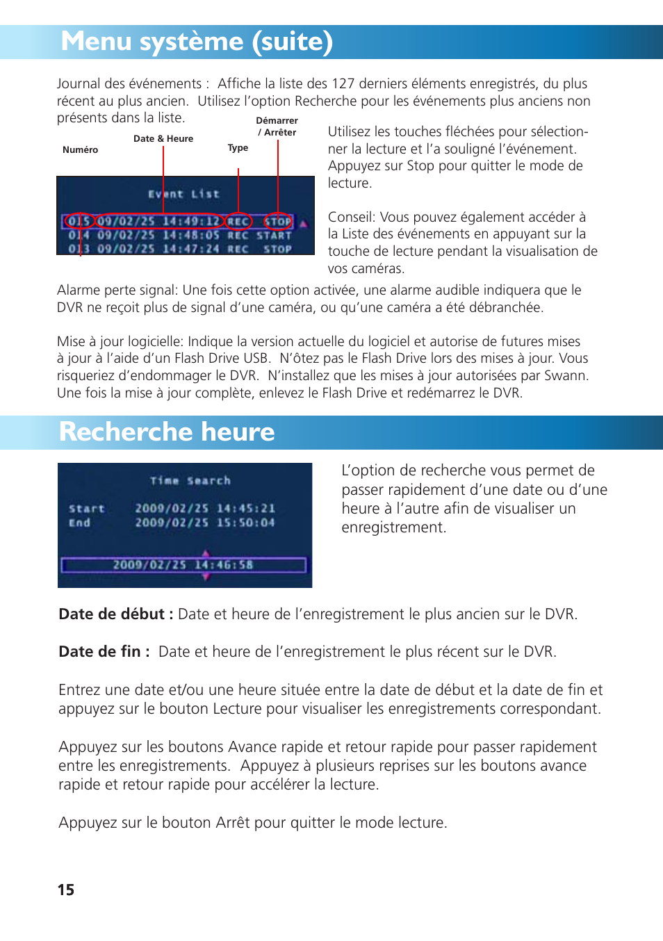 Menu système (suite), Recherche heure | Swann DVR4-950 User Manual | Page 39 / 72