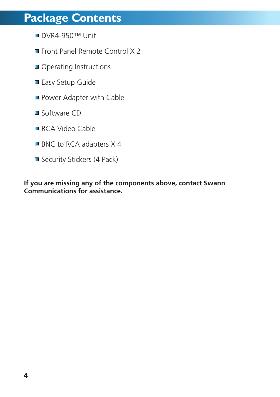 Package contents | Swann DVR4-950 User Manual | Page 4 / 72