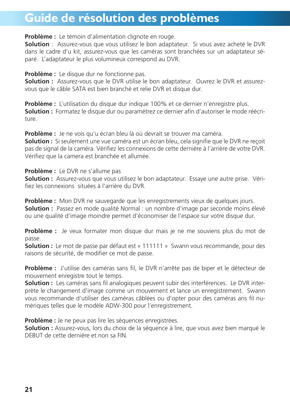 Guide de résolution des problèmes | Swann DVR4-950 User Manual | Page 45 / 72