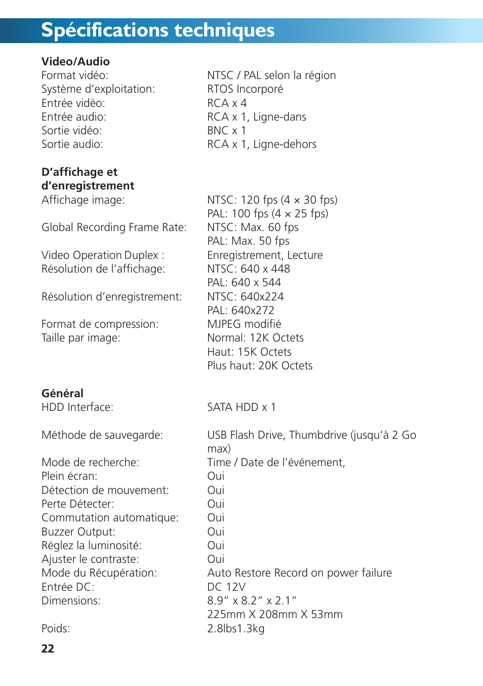 Spécifications techniques | Swann DVR4-950 User Manual | Page 46 / 72