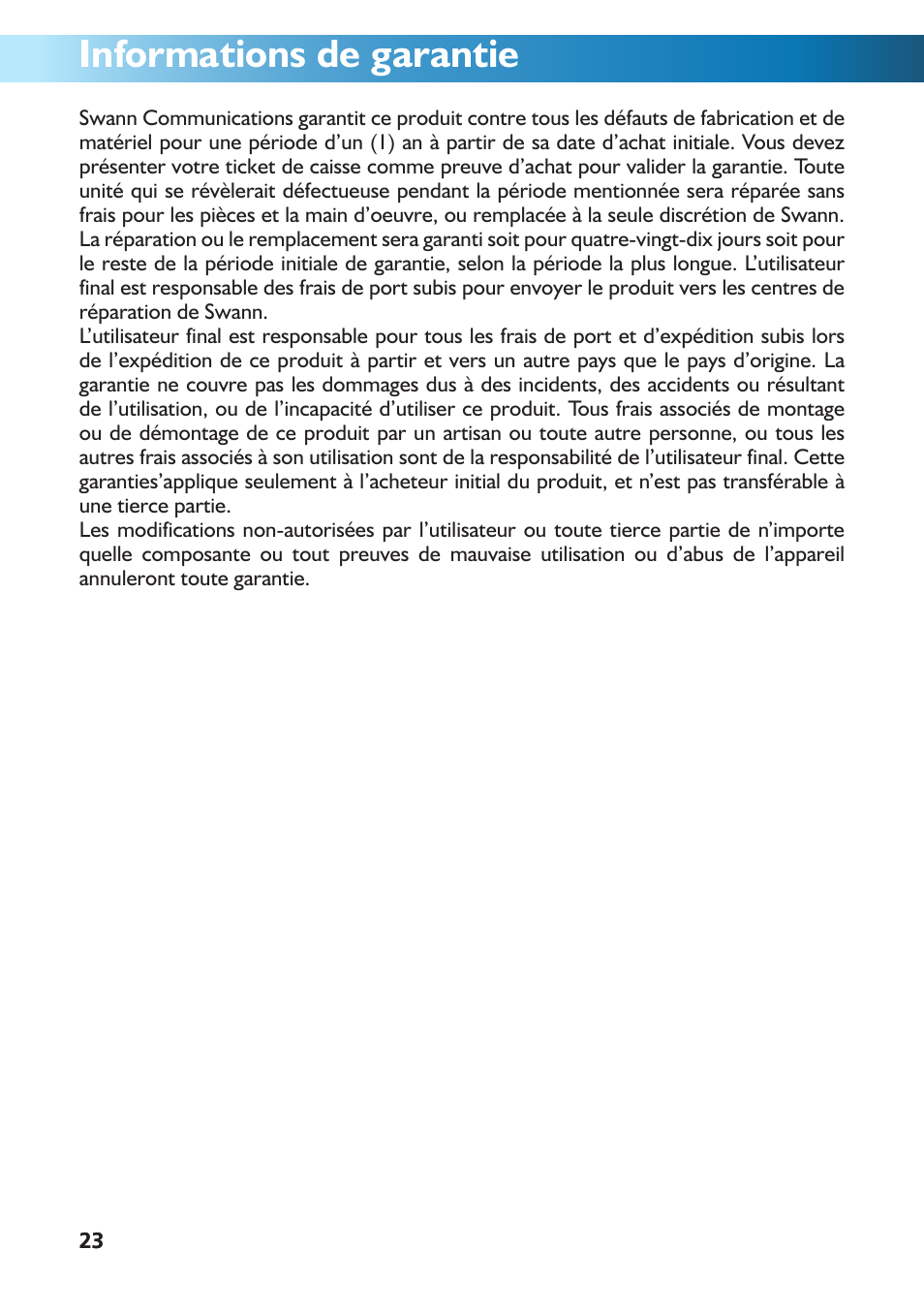 Informations de garantie | Swann DVR4-950 User Manual | Page 47 / 72