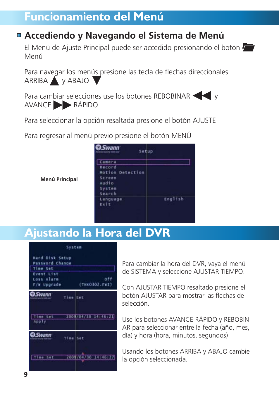 Funcionamiento del menú, Ajustando la hora del dvr, Accediendo y navegando el sistema de menú | Swann DVR4-950 User Manual | Page 57 / 72