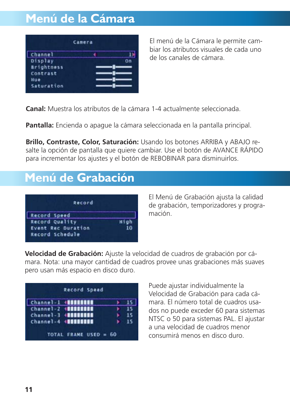 Menú de la cámara, Menú de grabación | Swann DVR4-950 User Manual | Page 59 / 72