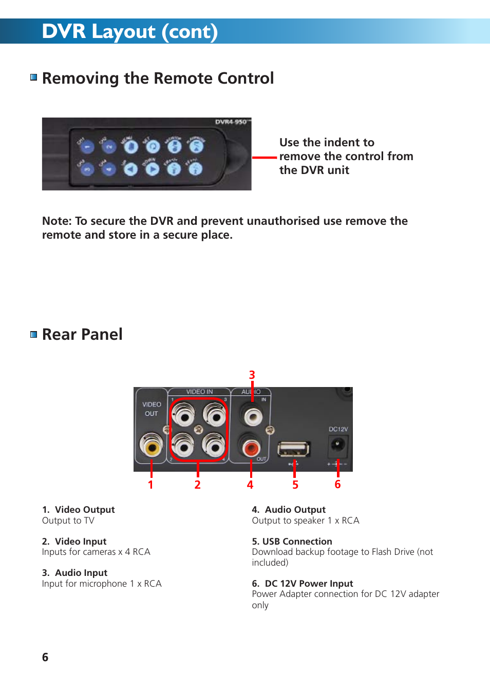 Dvr layout (cont), Rear panel, Removing the remote control | Swann DVR4-950 User Manual | Page 6 / 72