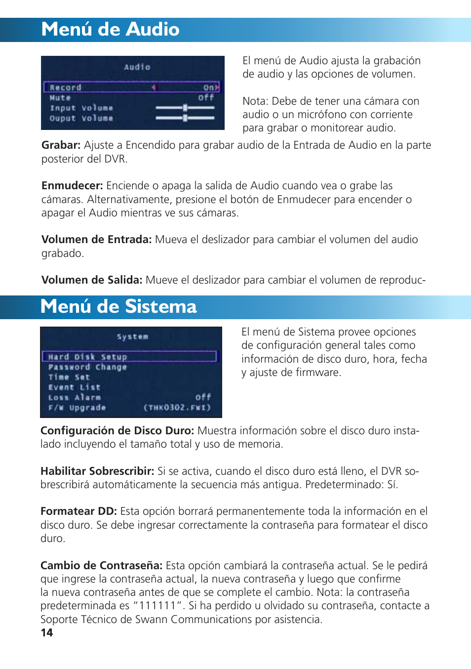 Menú de audio menú de sistema | Swann DVR4-950 User Manual | Page 62 / 72
