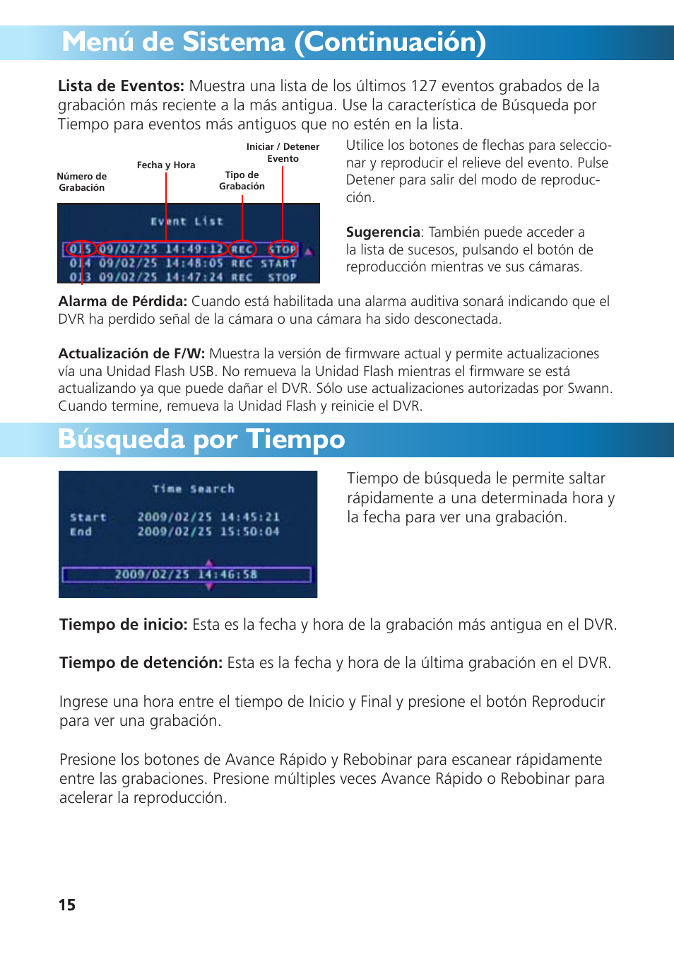 Menú de sistema (continuación), Búsqueda por tiempo | Swann DVR4-950 User Manual | Page 63 / 72