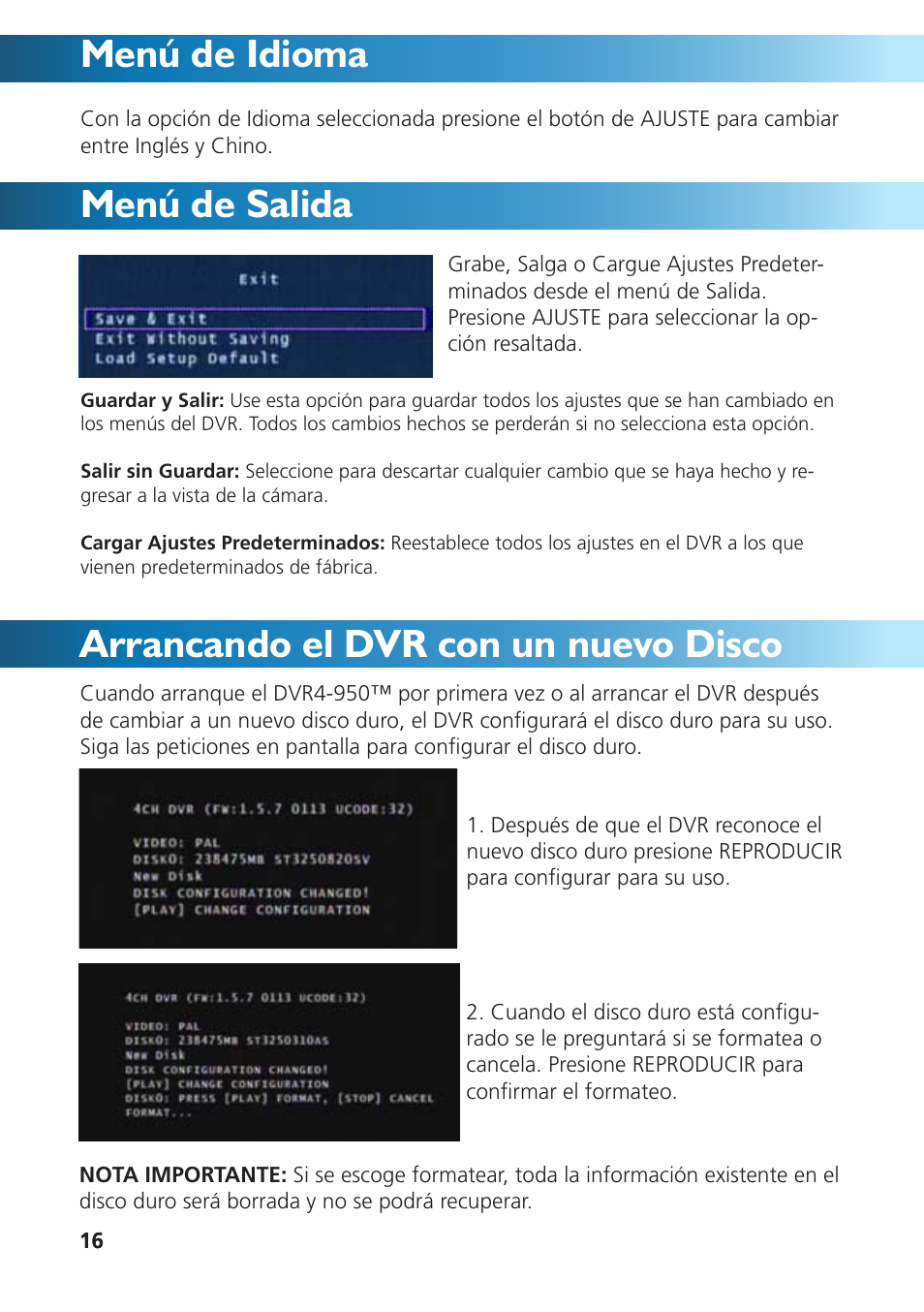 Menú de salida menú de idioma, Arrancando el dvr con un nuevo disco | Swann DVR4-950 User Manual | Page 64 / 72