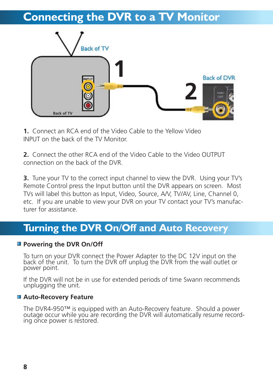 Connecting the dvr to a tv monitor, Turning the dvr on/off and auto recovery | Swann DVR4-950 User Manual | Page 8 / 72