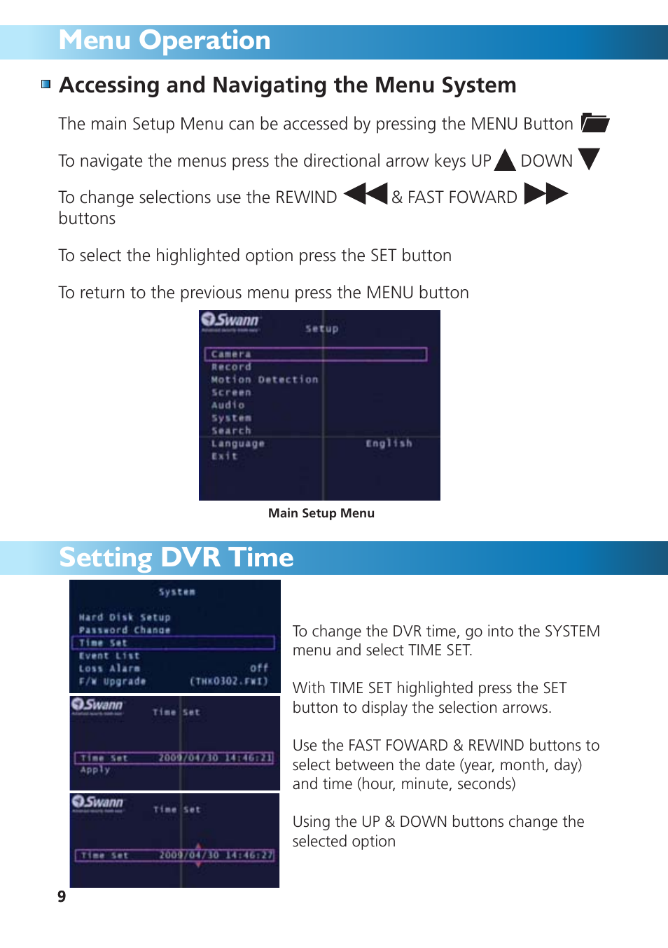 Menu operation, Setting dvr time, Accessing and navigating the menu system | Swann DVR4-950 User Manual | Page 9 / 72