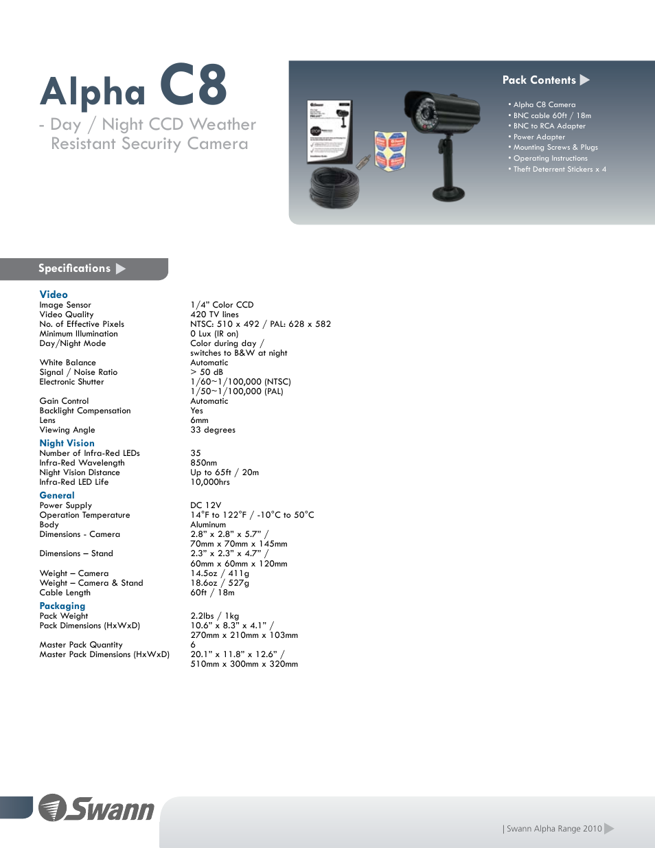 Alpha, Day / night ccd weather resistant security camera, Specifications | Swann ALPHA SWA31-C8 User Manual | Page 2 / 2