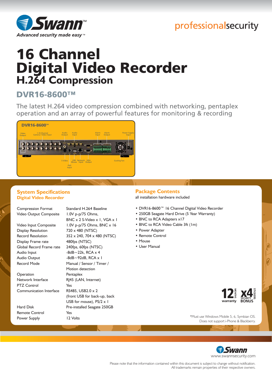16 channel digital video recorder, H.264 compression, System specifications | Package contents | Swann SW242-6TH User Manual | Page 2 / 2