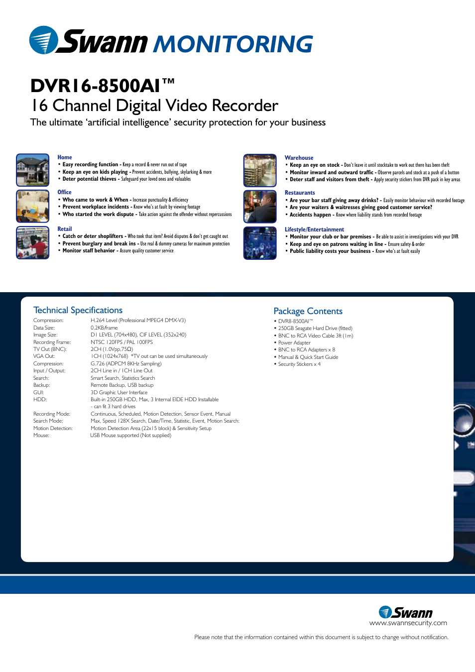 Monitoring, 16 channel digital video recorder, Technical specifications | Package contents | Swann DVR8-8500AI User Manual | Page 3 / 3