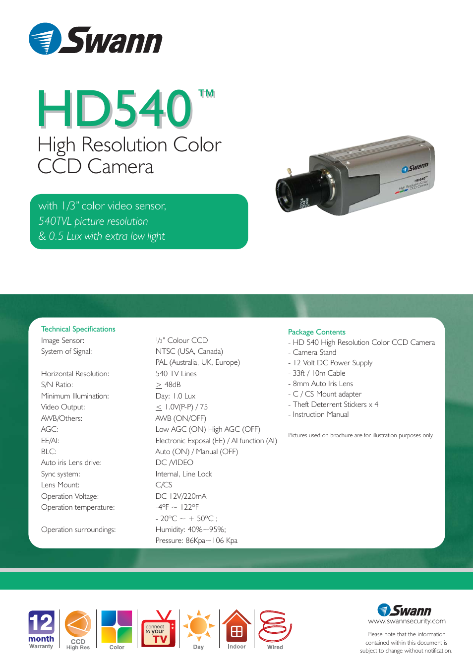 Hd540, High resolution color ccd camera | Swann HD540 User Manual | Page 2 / 2