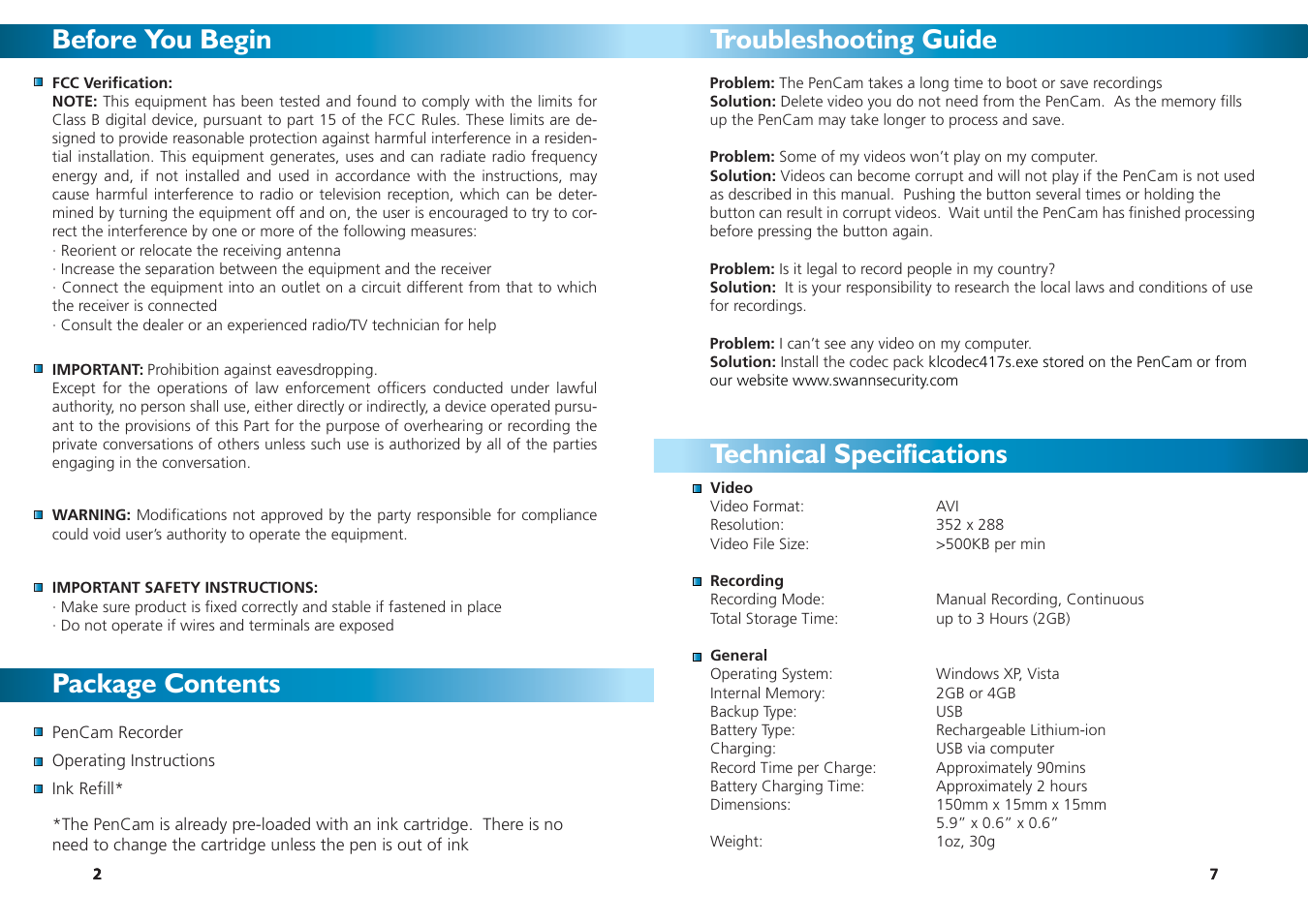 Before you begin package contents, Troubleshooting guide technical specifications | Swann DVR-420 User Manual | Page 2 / 4