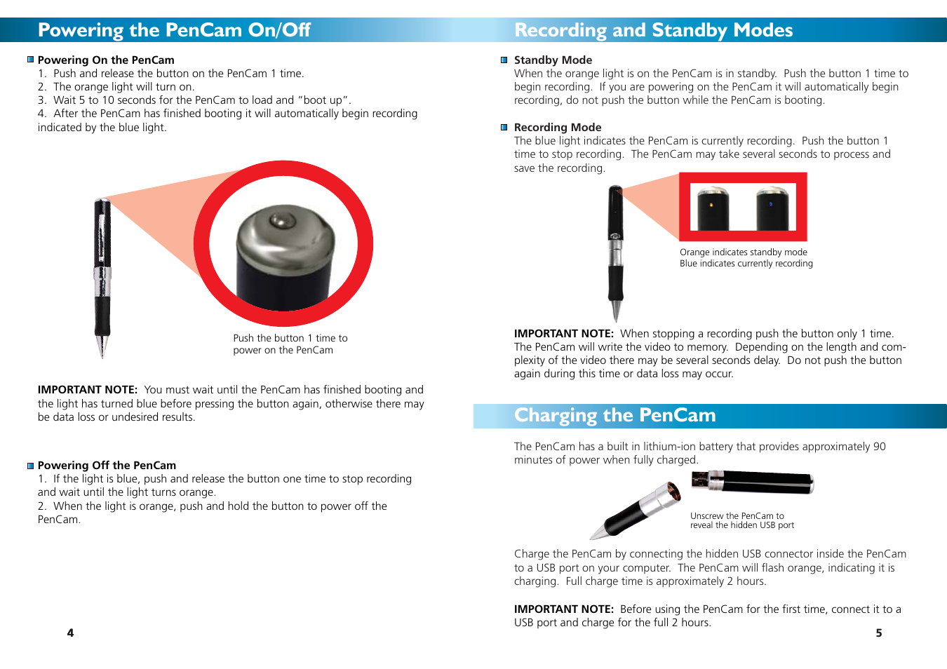 Powering the pencam on/off, Recording and standby modes charging the pencam | Swann DVR-420 User Manual | Page 4 / 4