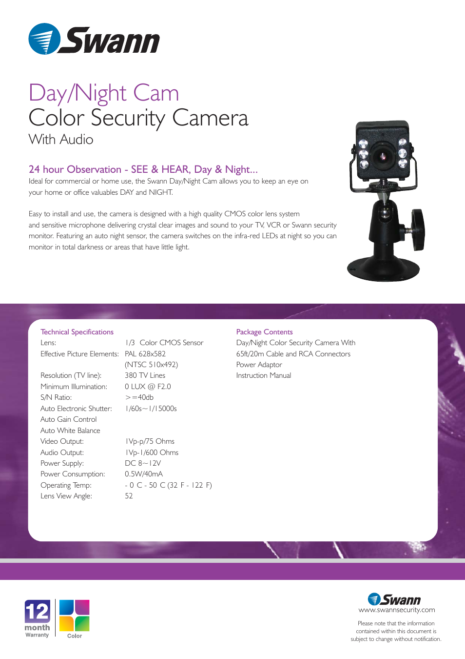 Day/night cam color security camera, With audio, 24 hour observation - see & hear, day & night | Swann SW-P-DDNC User Manual | Page 2 / 2