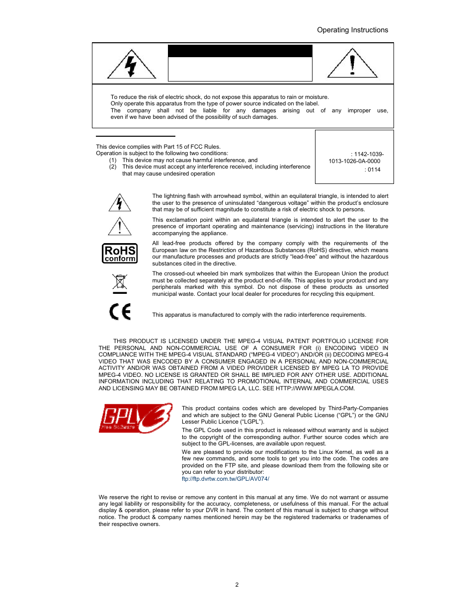 Risk of electric shock | Swann SW349-DA9 User Manual | Page 2 / 27