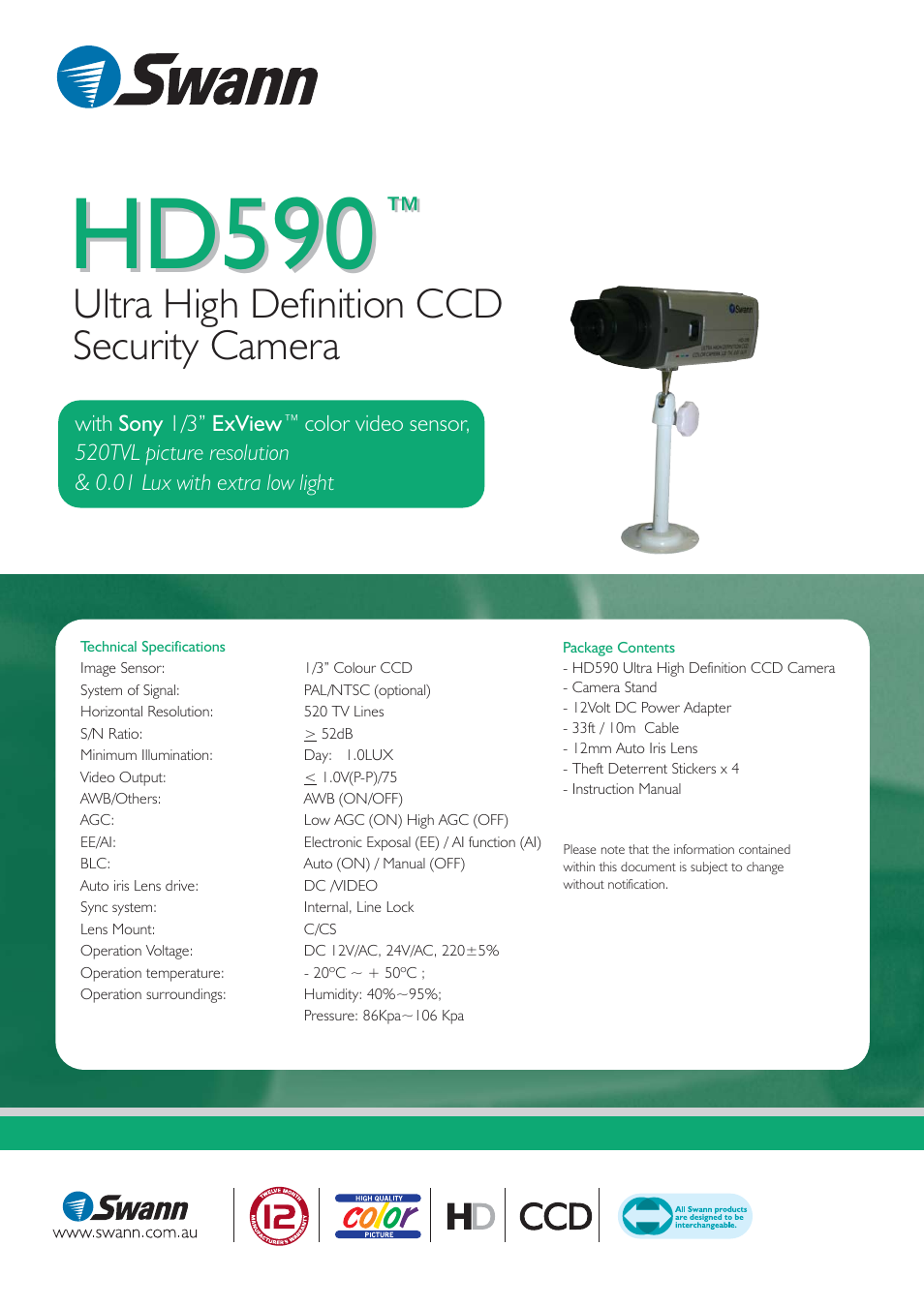 Hd590, Ultra high definition ccd security camera | Swann Hd590 User Manual | Page 2 / 2