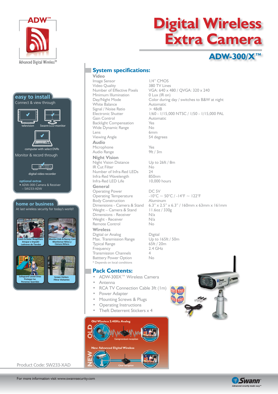 Digital wireless extra camera, Adw-300/x, System specifications | Pack contents, Easy to install | Swann Digital Wireless Extra Camera ADW-300/X User Manual | Page 2 / 2