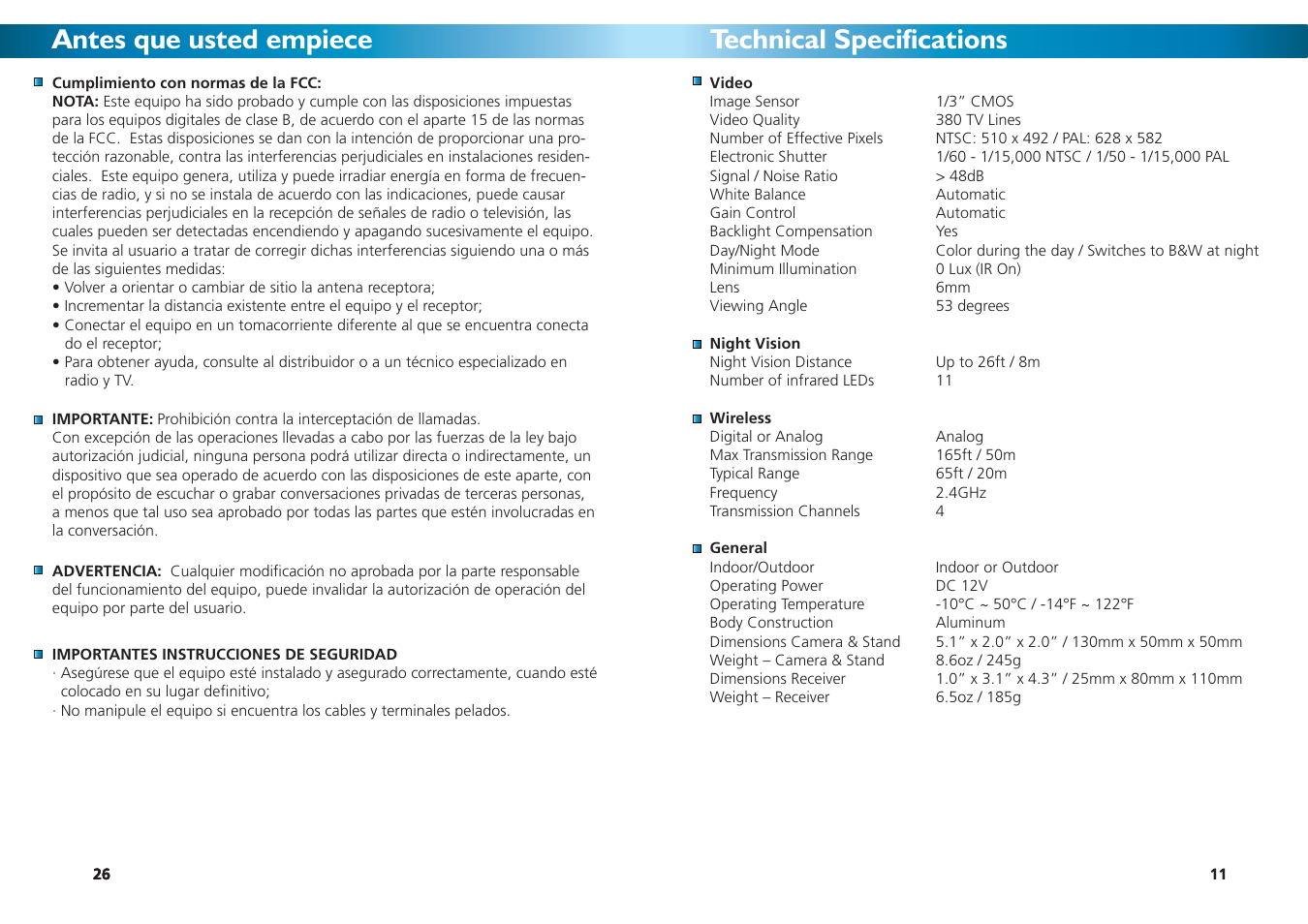 Antes que usted empiece, Technical specifications | Swann SW231-WOY User Manual | Page 11 / 12