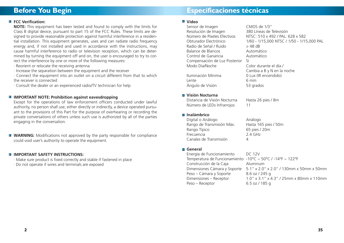 Before you begin, Especificaciones técnicas | Swann SW231-WOY User Manual | Page 2 / 12