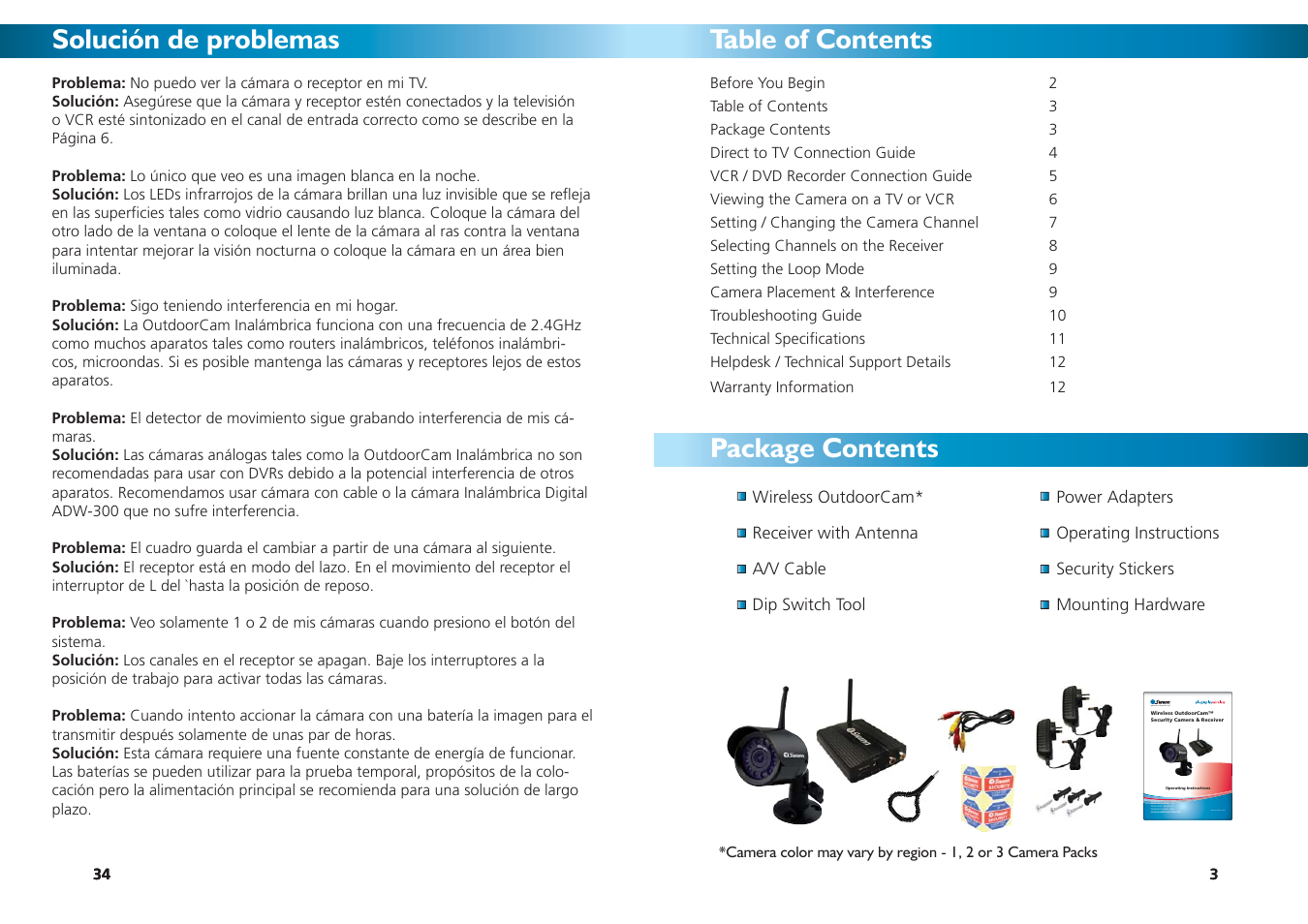 Solución de problemas, Table of contents package contents | Swann SW231-WOY User Manual | Page 3 / 12
