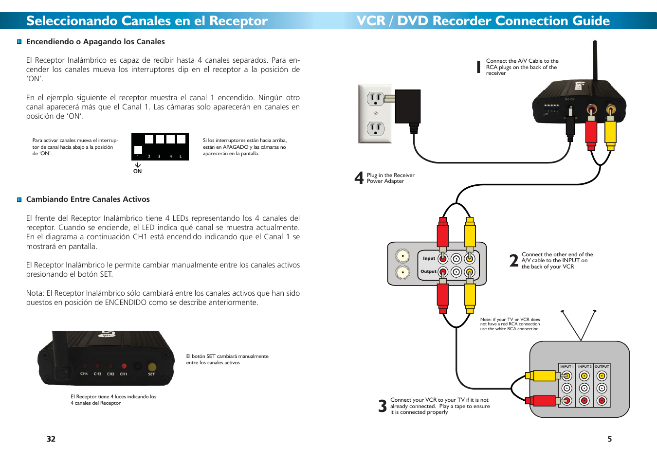Seleccionando canales en el receptor, Vcr / dvd recorder connection guide | Swann SW231-WOY User Manual | Page 5 / 12