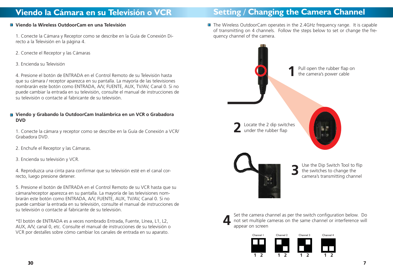 Viendo la cámara en su televisión o vcr, Setting / changing the camera channel | Swann SW231-WOY User Manual | Page 7 / 12