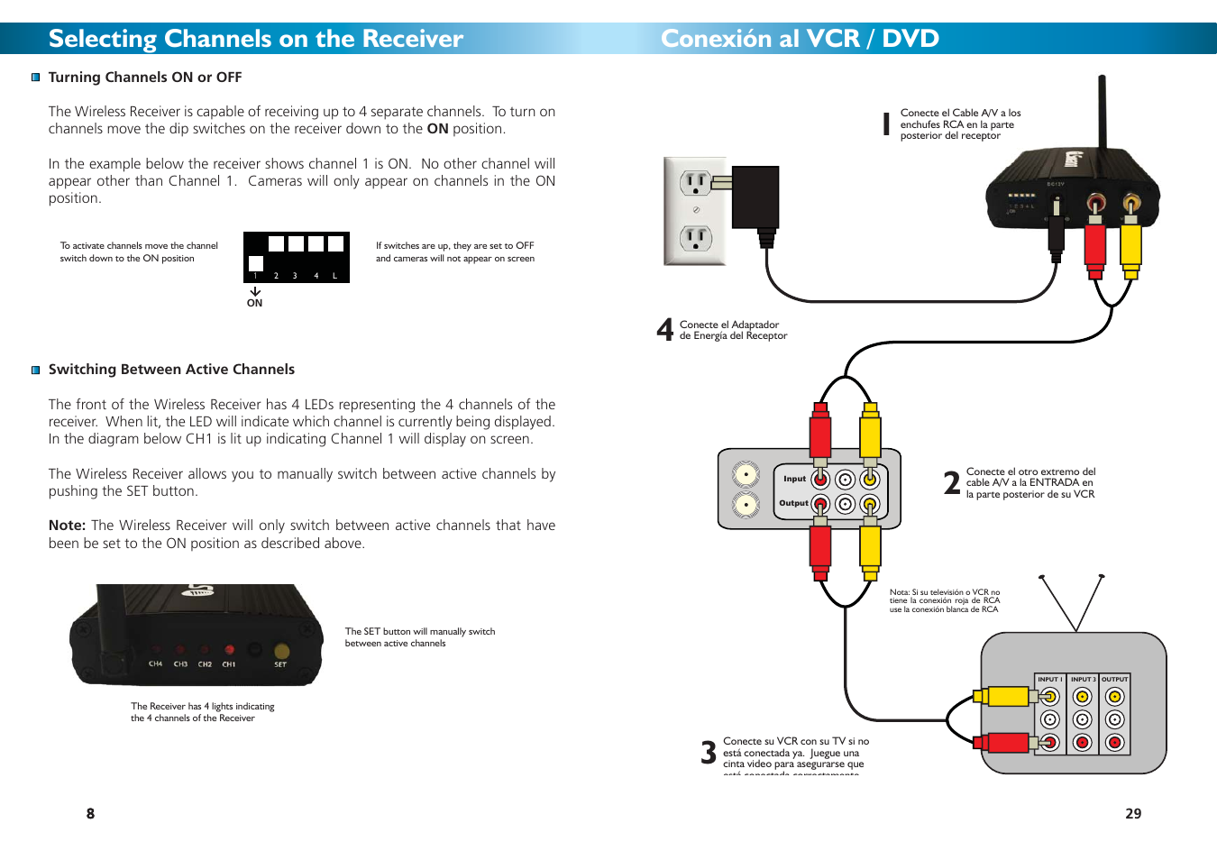 Selecting channels on the receiver, Conexión al vcr / dvd | Swann SW231-WOY User Manual | Page 8 / 12