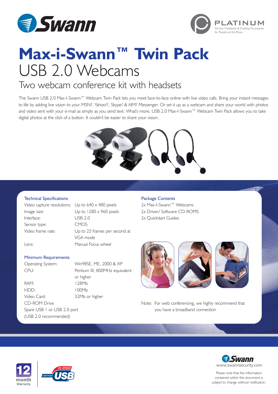 Max-i-swann™ twin pack usb 2.0 webcams, Two webcam conference kit with headsets | Swann Max-i-Swann User Manual | Page 2 / 2