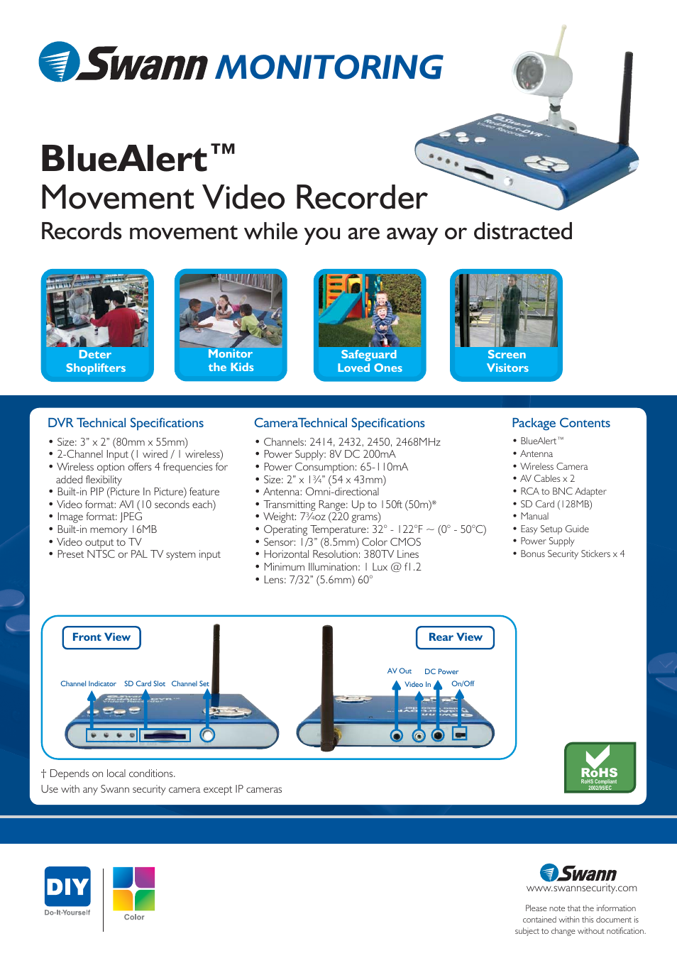 Bluealert, Movement video recorder, Monitoring | Records movement while you are away or distracted | Swann RedAlert SW242-WBW User Manual | Page 2 / 2