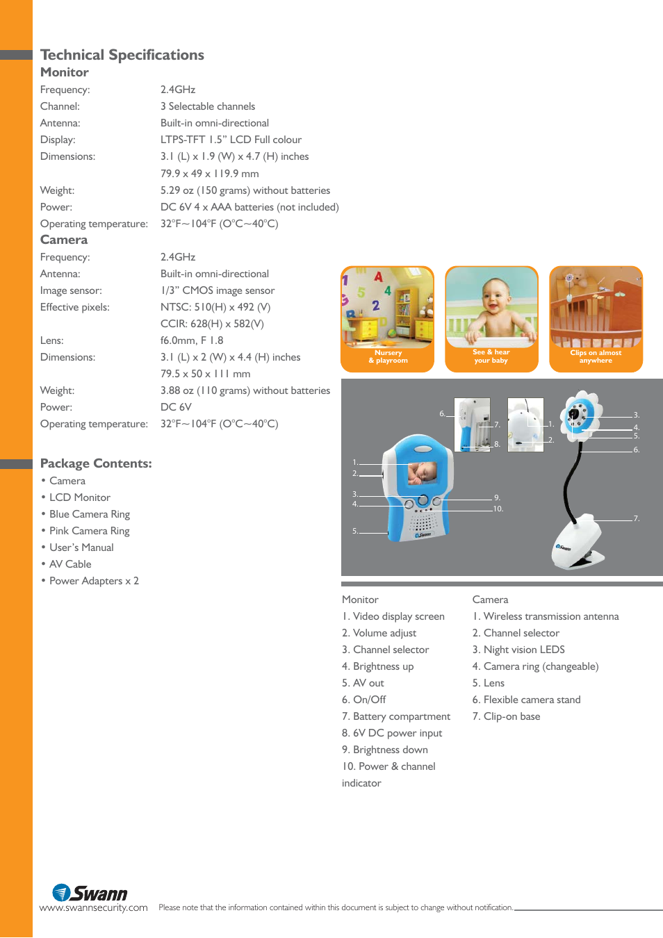 Technical specifications, Monitor, Camera | Package contents | Swann SW231-FLO User Manual | Page 2 / 2